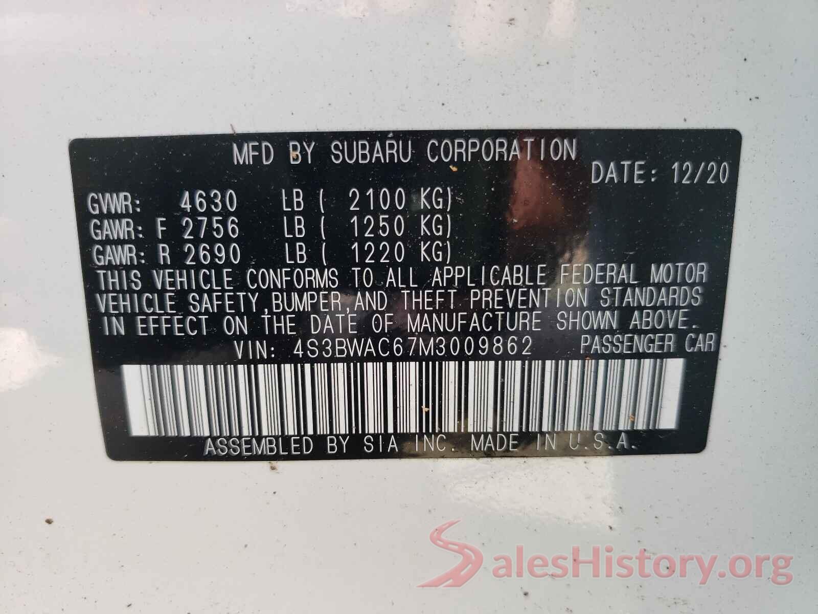 4S3BWAC67M3009862 2021 SUBARU LEGACY