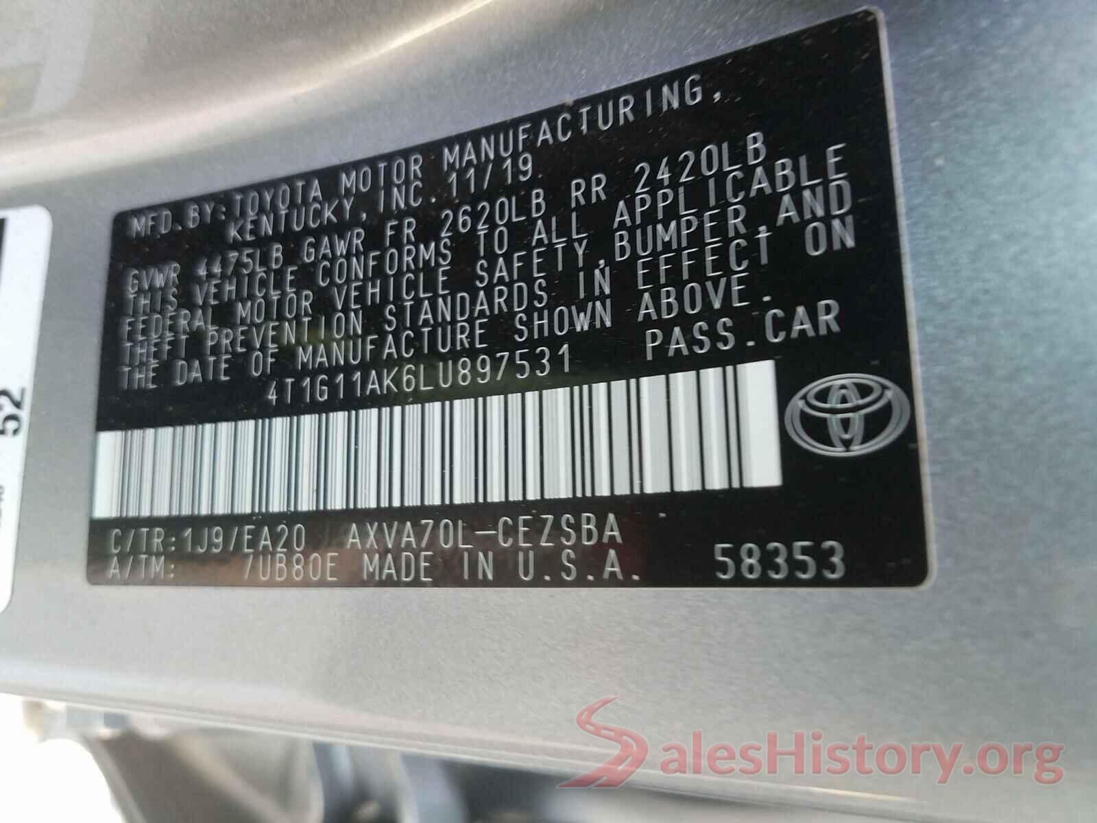 4T1G11AK6LU897531 2020 TOYOTA CAMRY