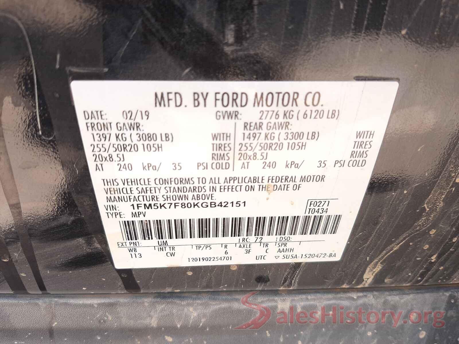 1FM5K7F80KGB42151 2019 FORD EXPLORER