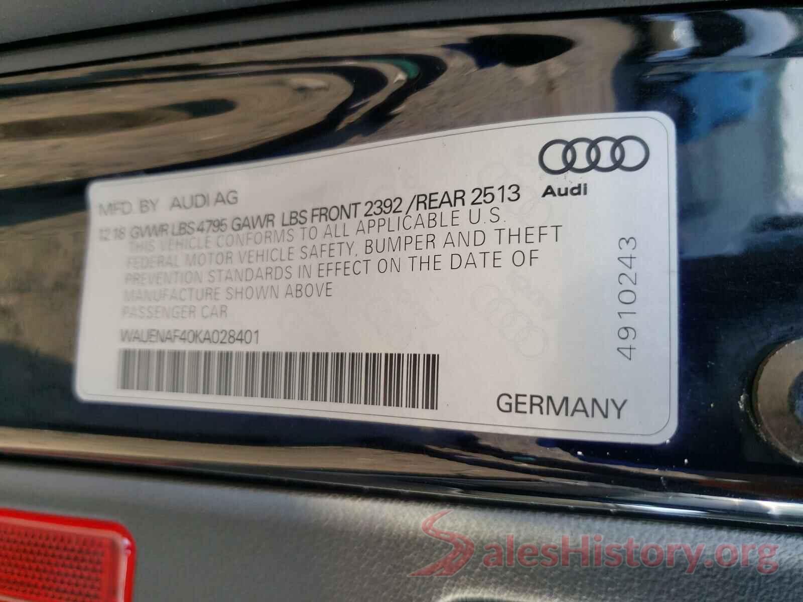 WAUENAF40KA028401 2019 AUDI A4