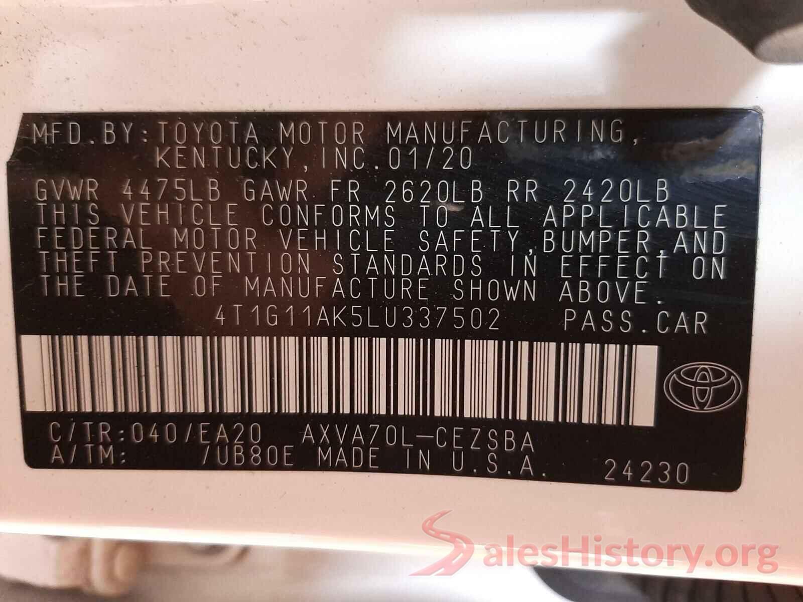 4T1G11AK5LU337502 2020 TOYOTA CAMRY