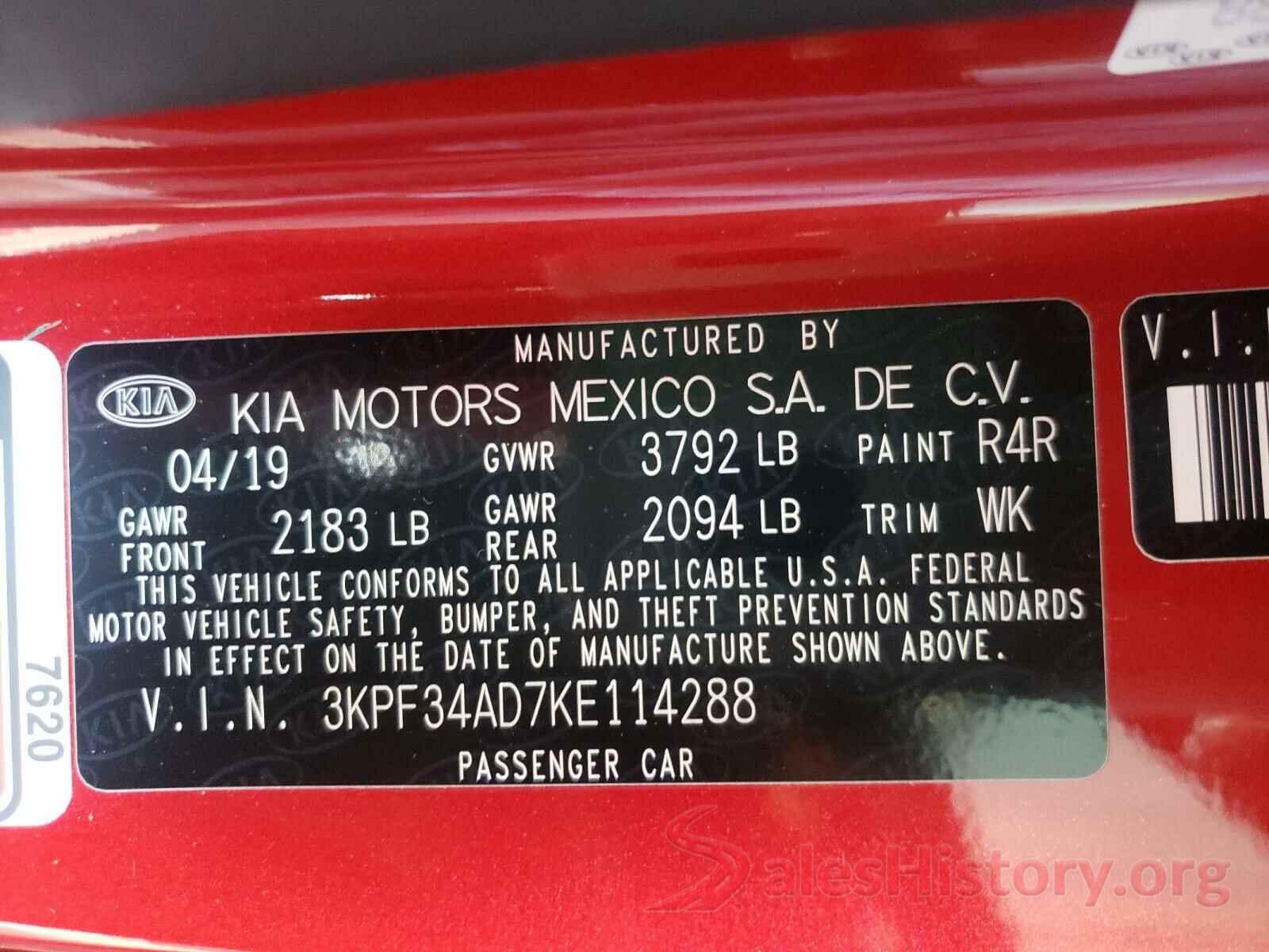 3KPF34AD7KE114288 2019 KIA FORTE