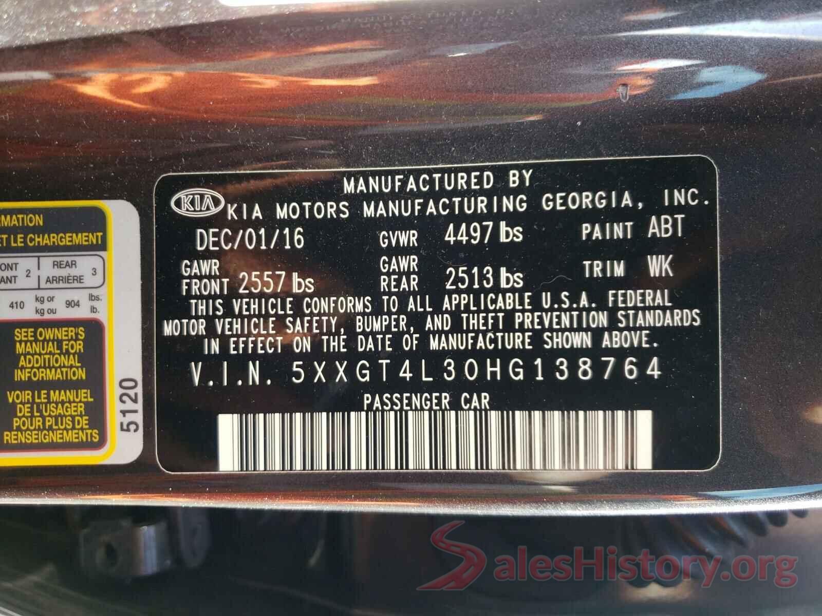 5XXGT4L30HG138764 2017 KIA OPTIMA