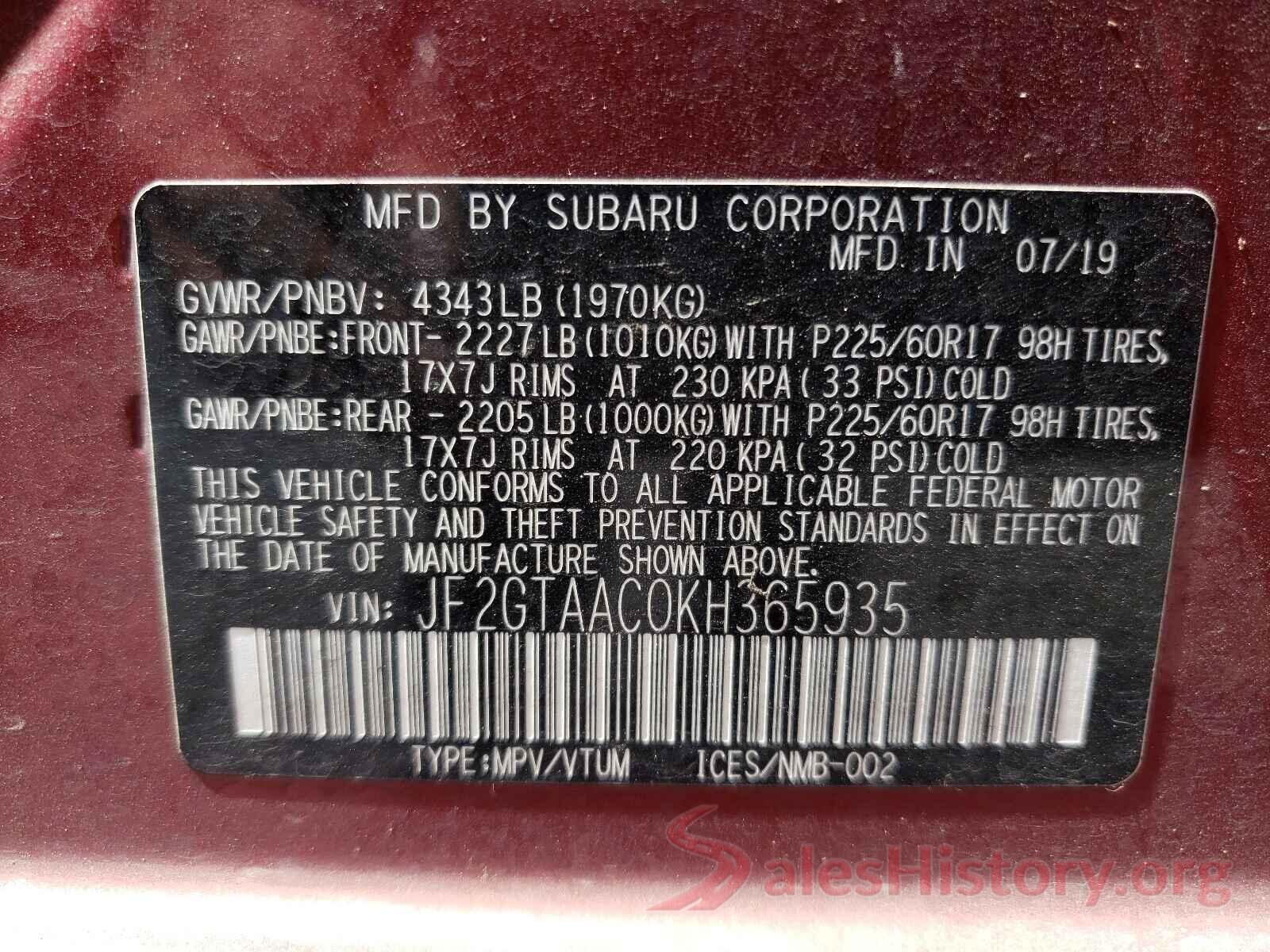 JF2GTAAC0KH365935 2019 SUBARU CROSSTREK