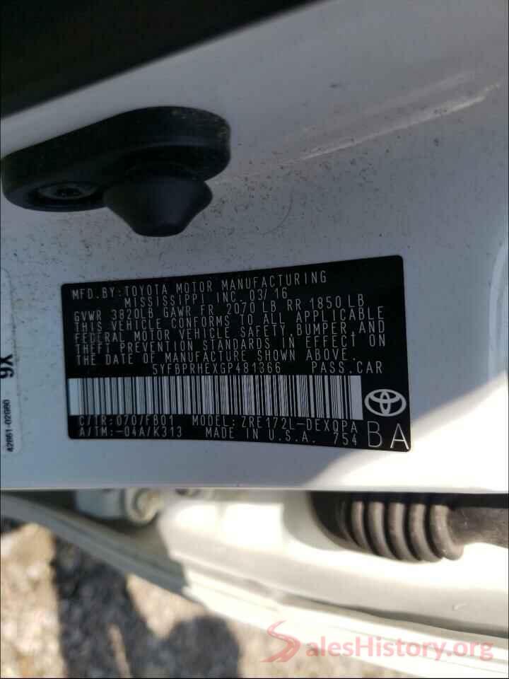 5YFBPRHEXGP481366 2016 TOYOTA COROLLA