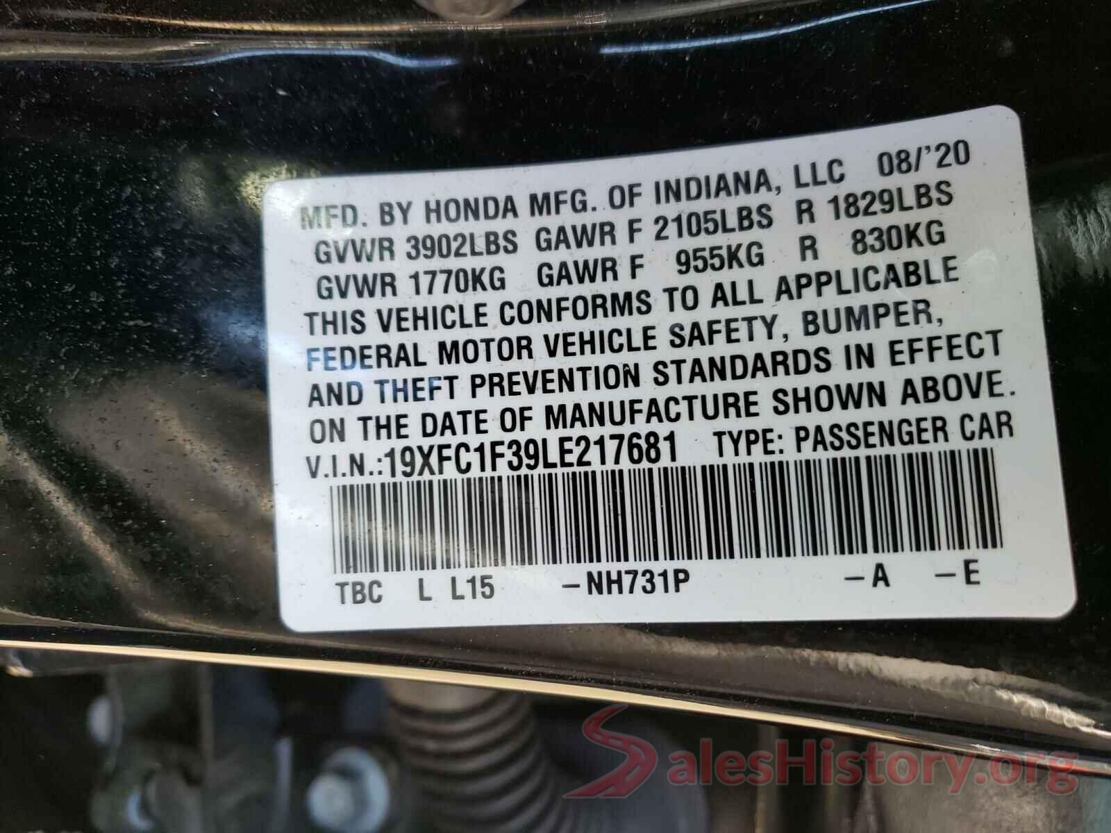 19XFC1F39LE217681 2020 HONDA CIVIC