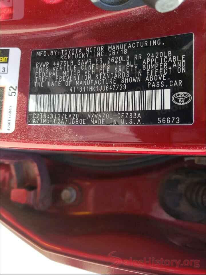 4T1B11HK1JU647739 2018 TOYOTA CAMRY