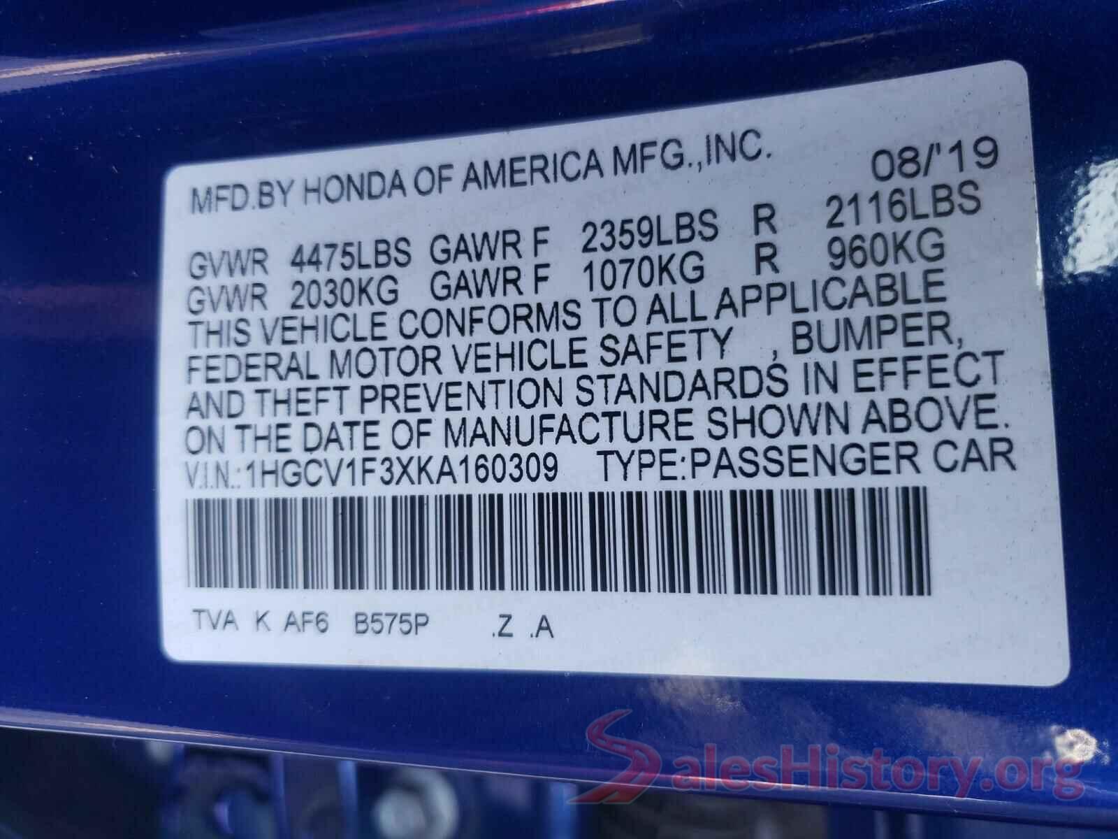 1HGCV1F3XKA160309 2019 HONDA ACCORD