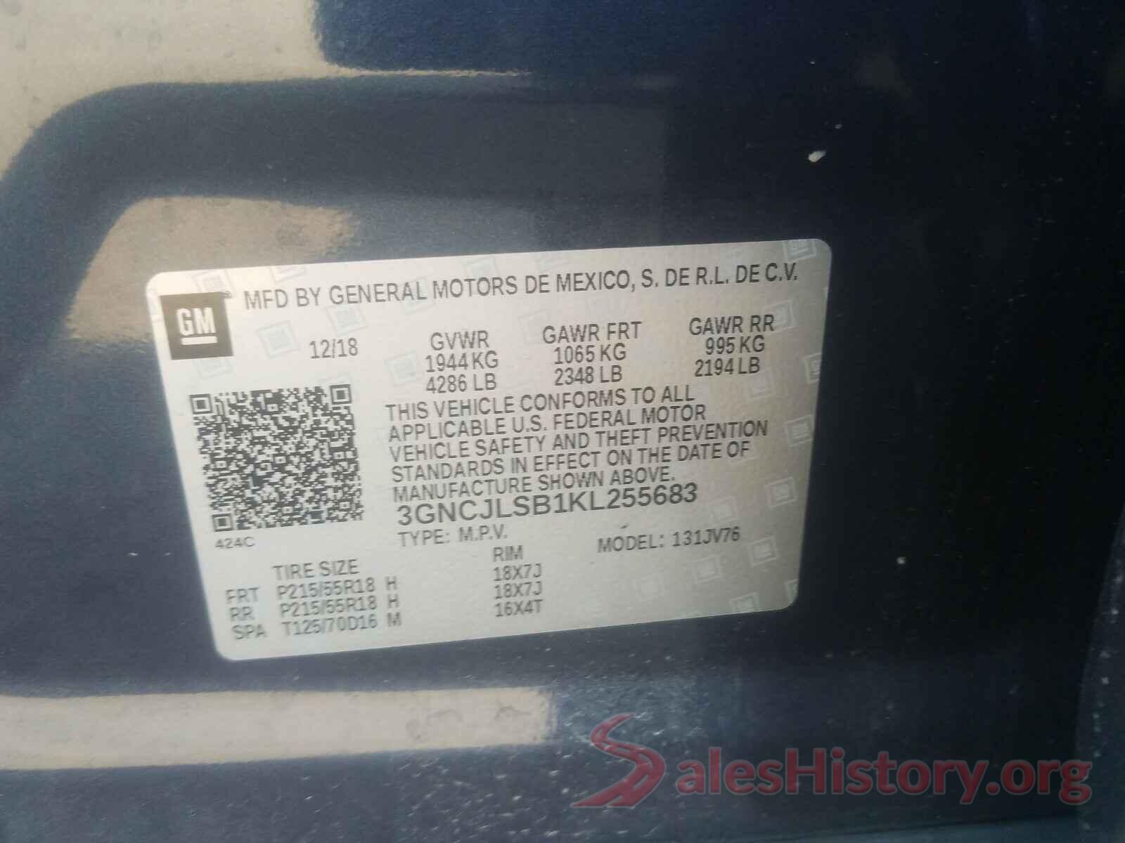 3GNCJLSB1KL255683 2019 CHEVROLET TRAX