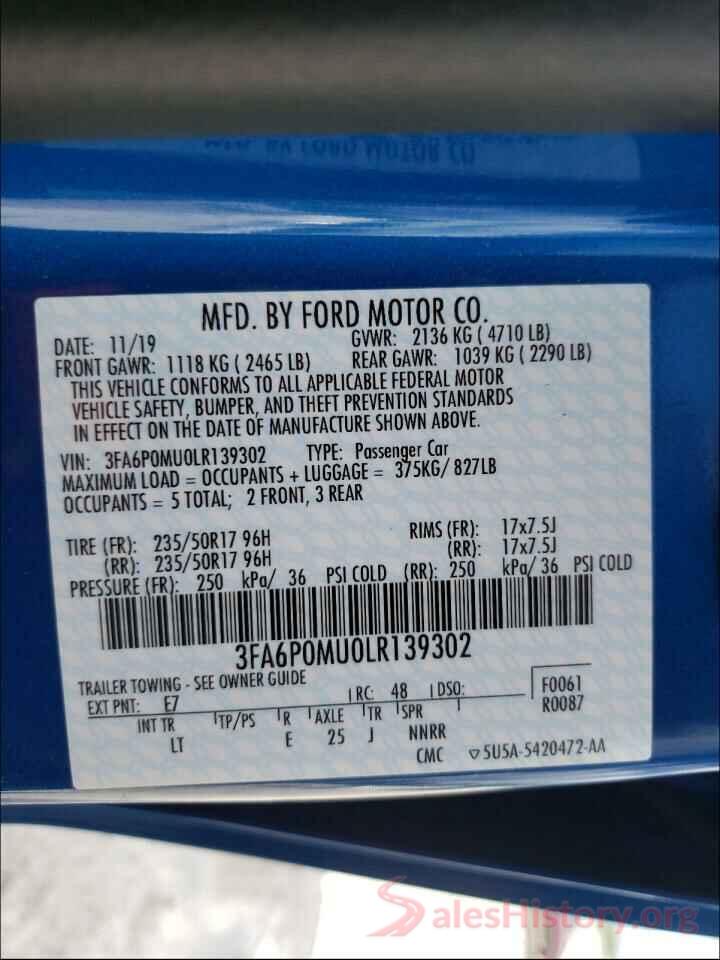 3FA6P0MU0LR139302 2020 FORD FUSION