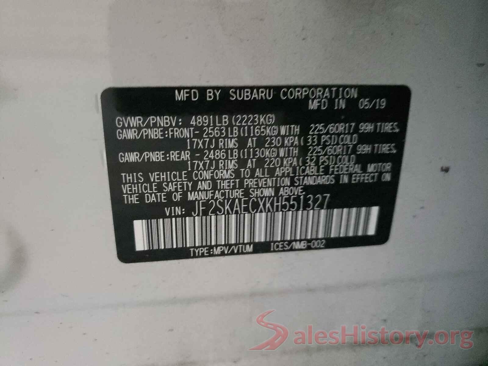 JF2SKAECXKH551327 2019 SUBARU FORESTER