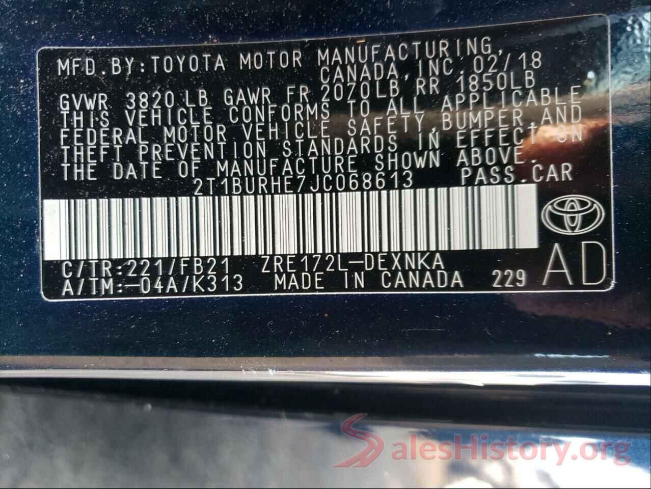 2T1BURHE7JC068613 2018 TOYOTA COROLLA