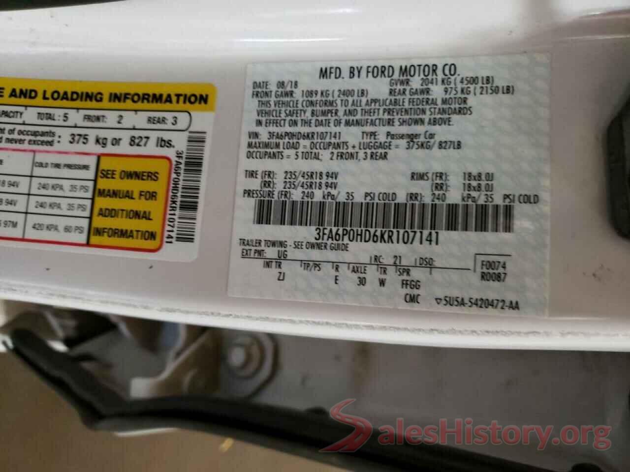 3FA6P0HD6KR107141 2019 FORD FUSION