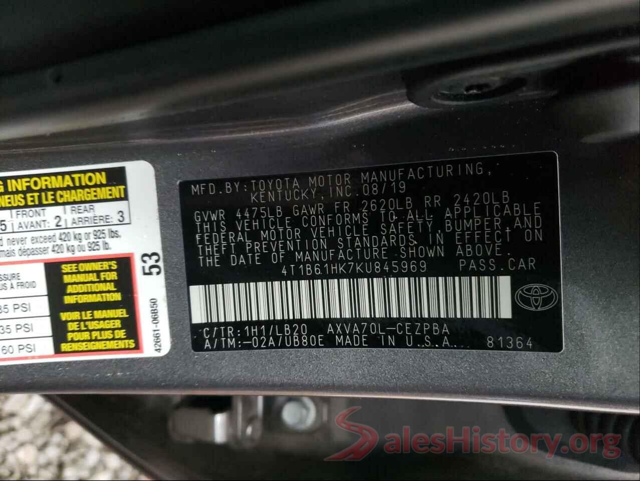 4T1B61HK7KU845969 2019 TOYOTA CAMRY