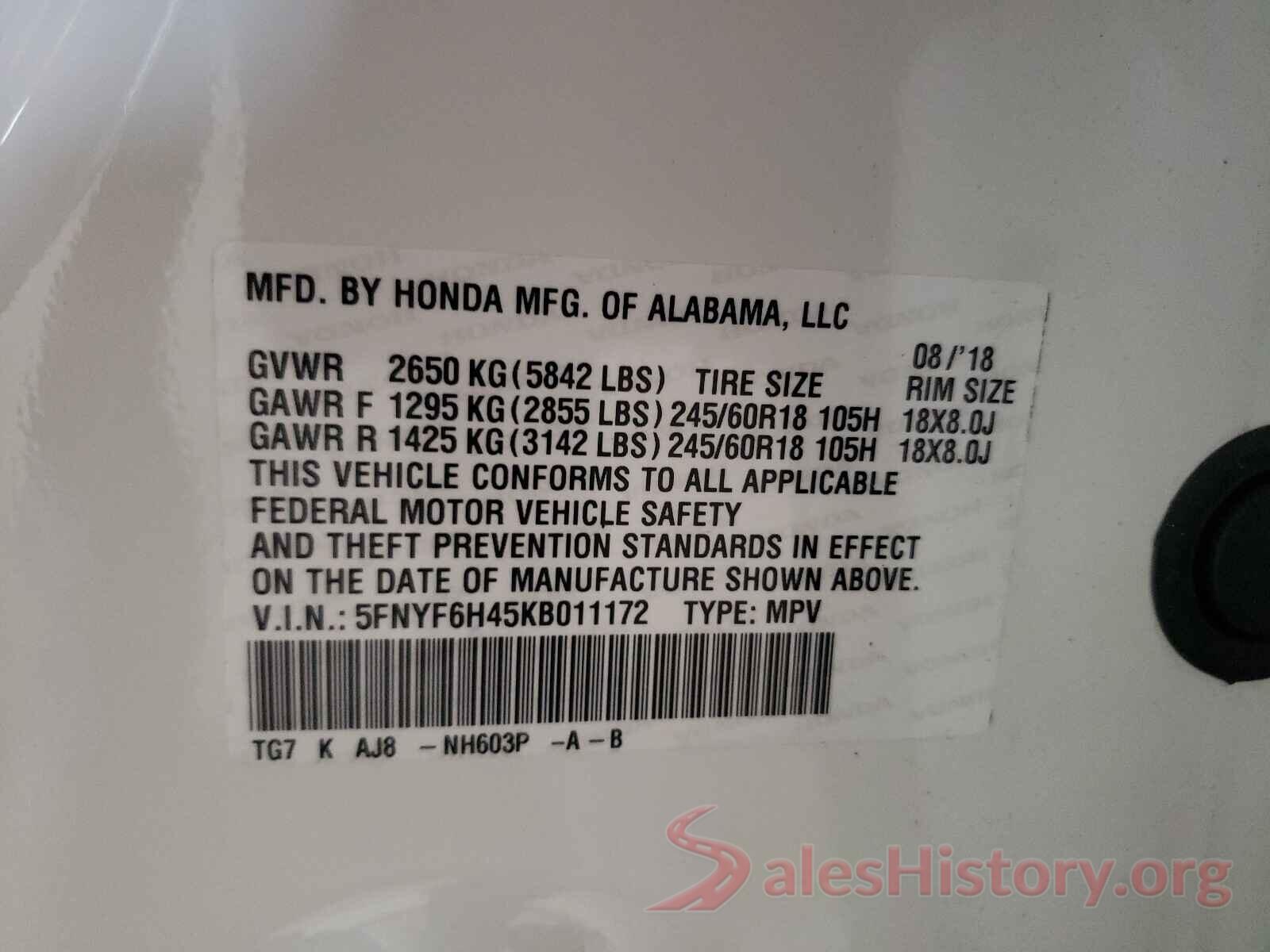 5FNYF6H45KB011172 2019 HONDA PILOT