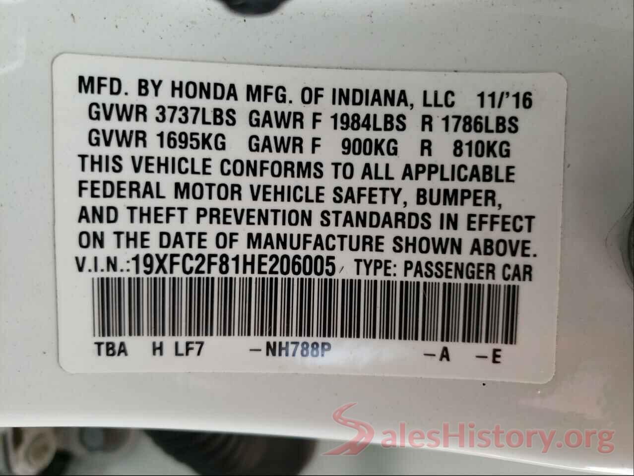 19XFC2F81HE206005 2017 HONDA CIVIC