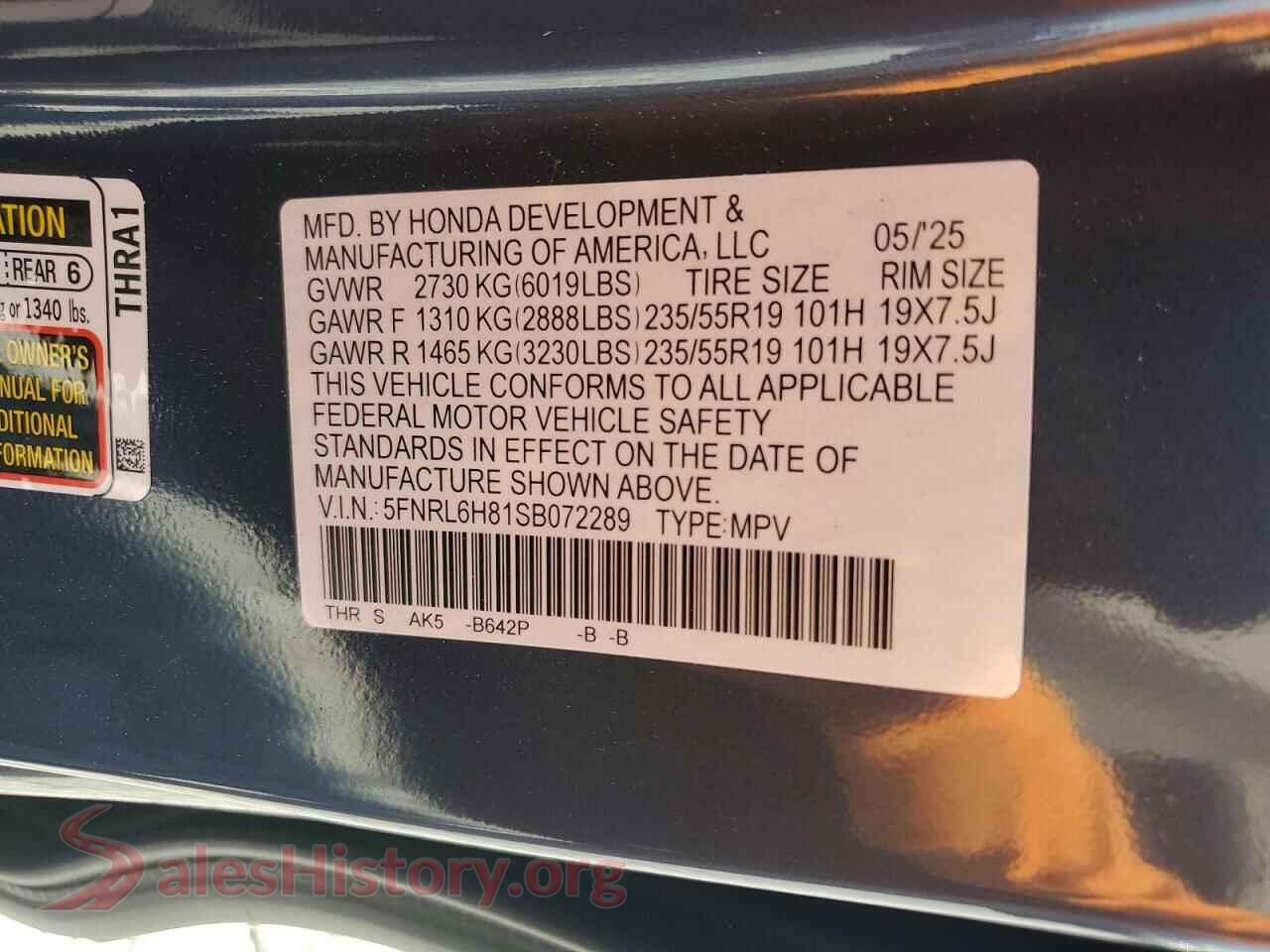 2025 HONDA ODYSSEY VIN 5FNRL6H81SB072289, trunk area