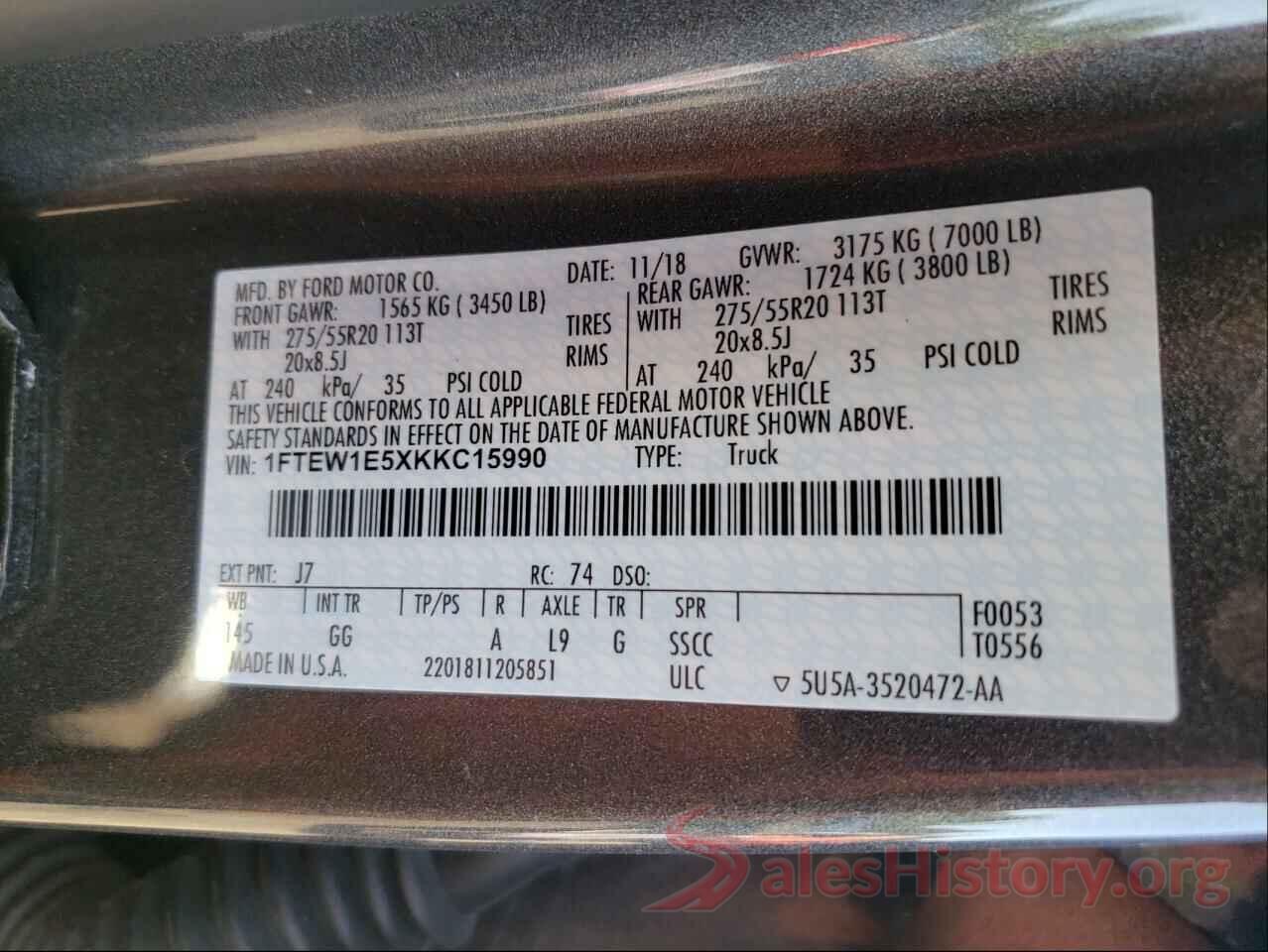 1FTEW1E5XKKC15990 2019 FORD F-150