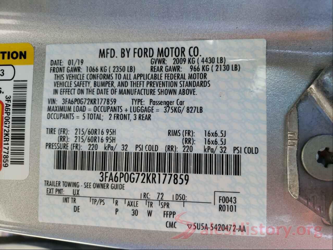 3FA6P0G72KR177859 2019 FORD FUSION