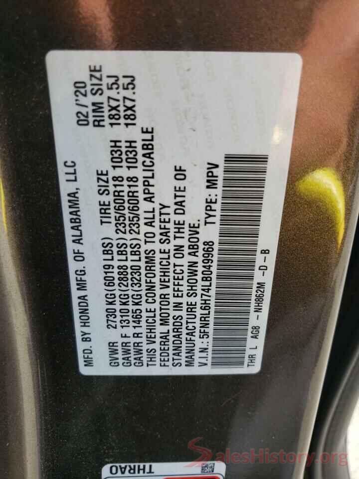 5FNRL6H74LB049968 2020 HONDA ODYSSEY