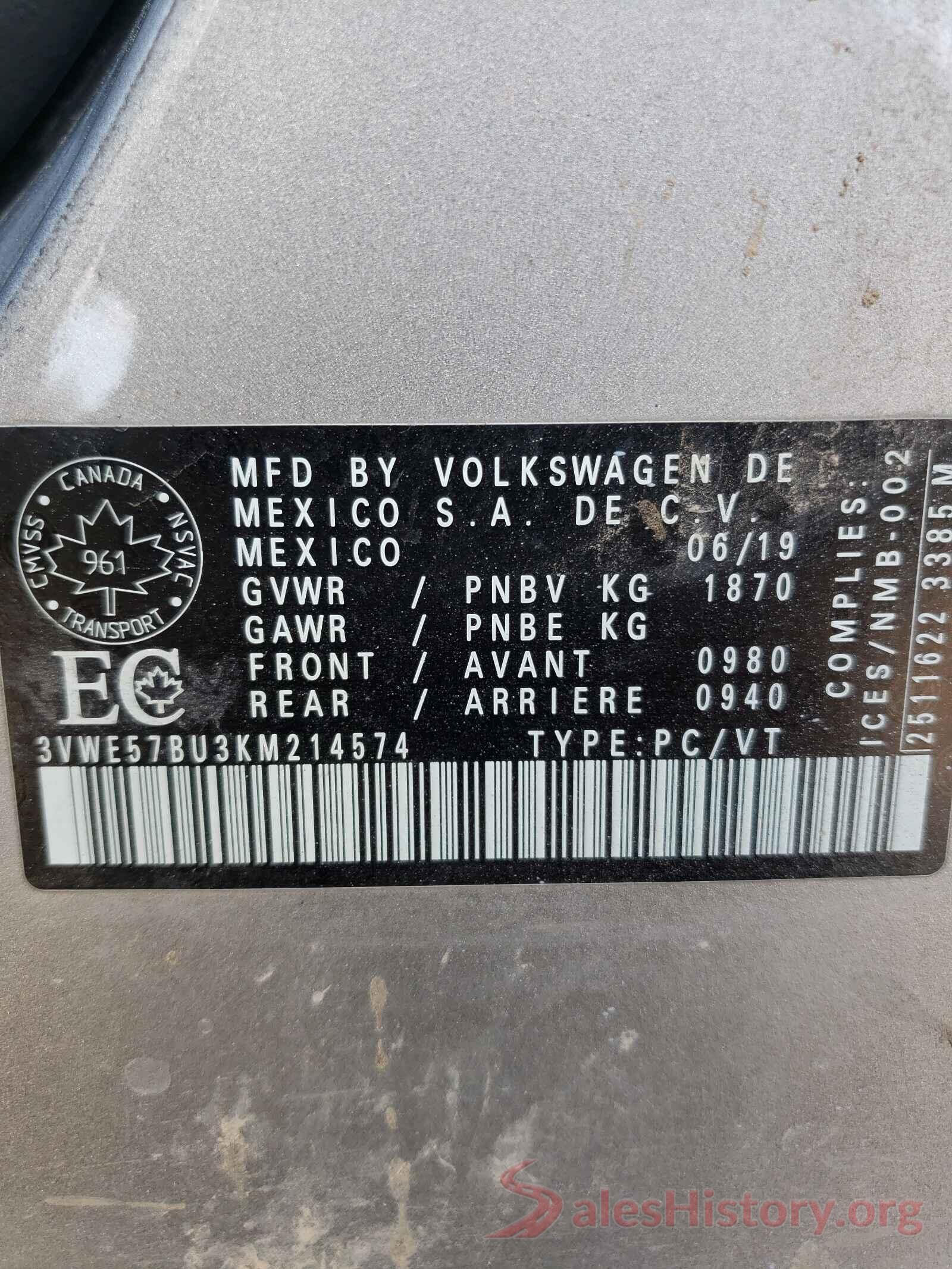 3VWE57BU3KM214574 2019 VOLKSWAGEN JETTA