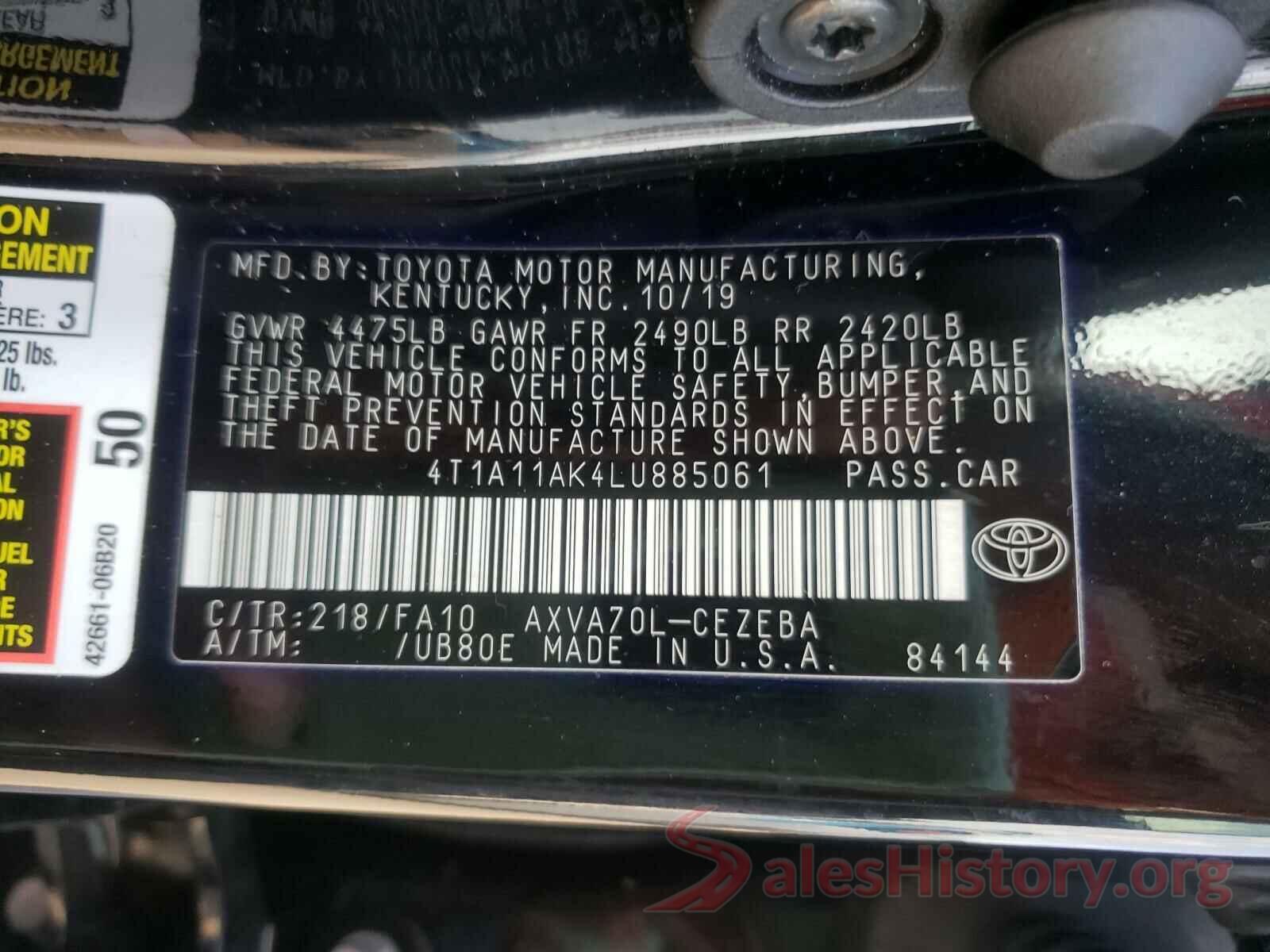 4T1A11AK4LU885061 2020 TOYOTA CAMRY