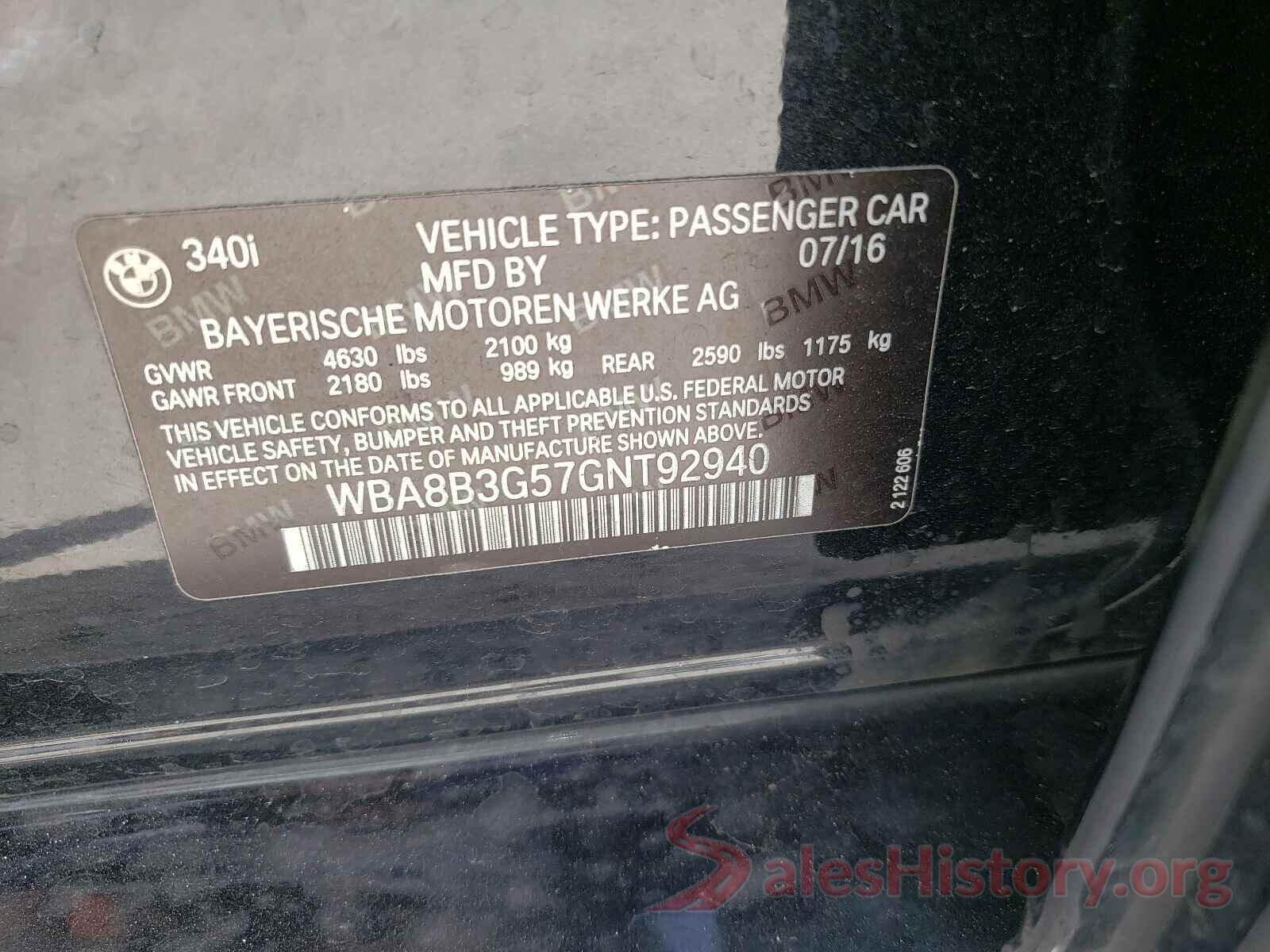 WBA8B3G57GNT92940 2016 BMW 3 SERIES