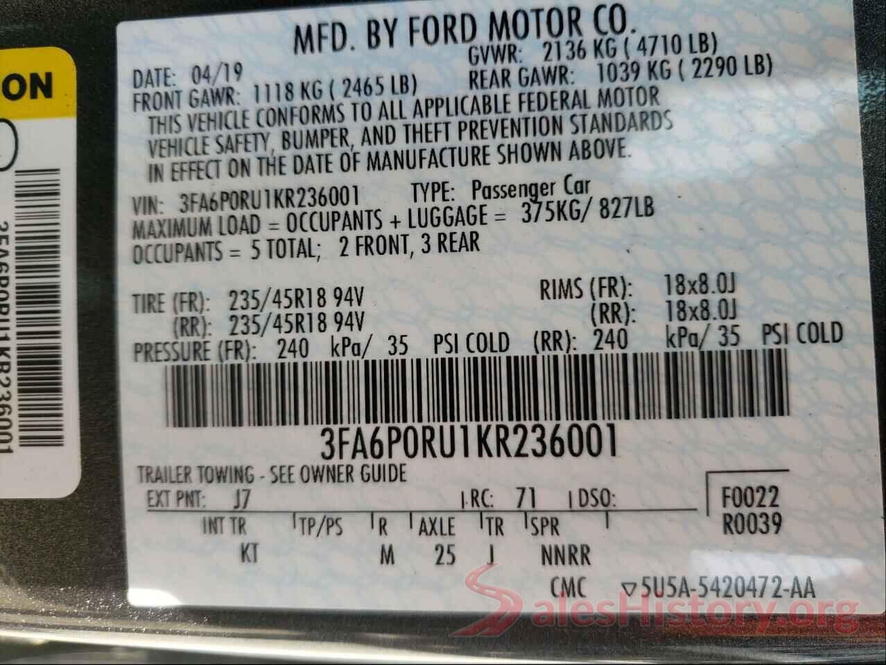 3FA6P0RU1KR236001 2019 FORD FUSION