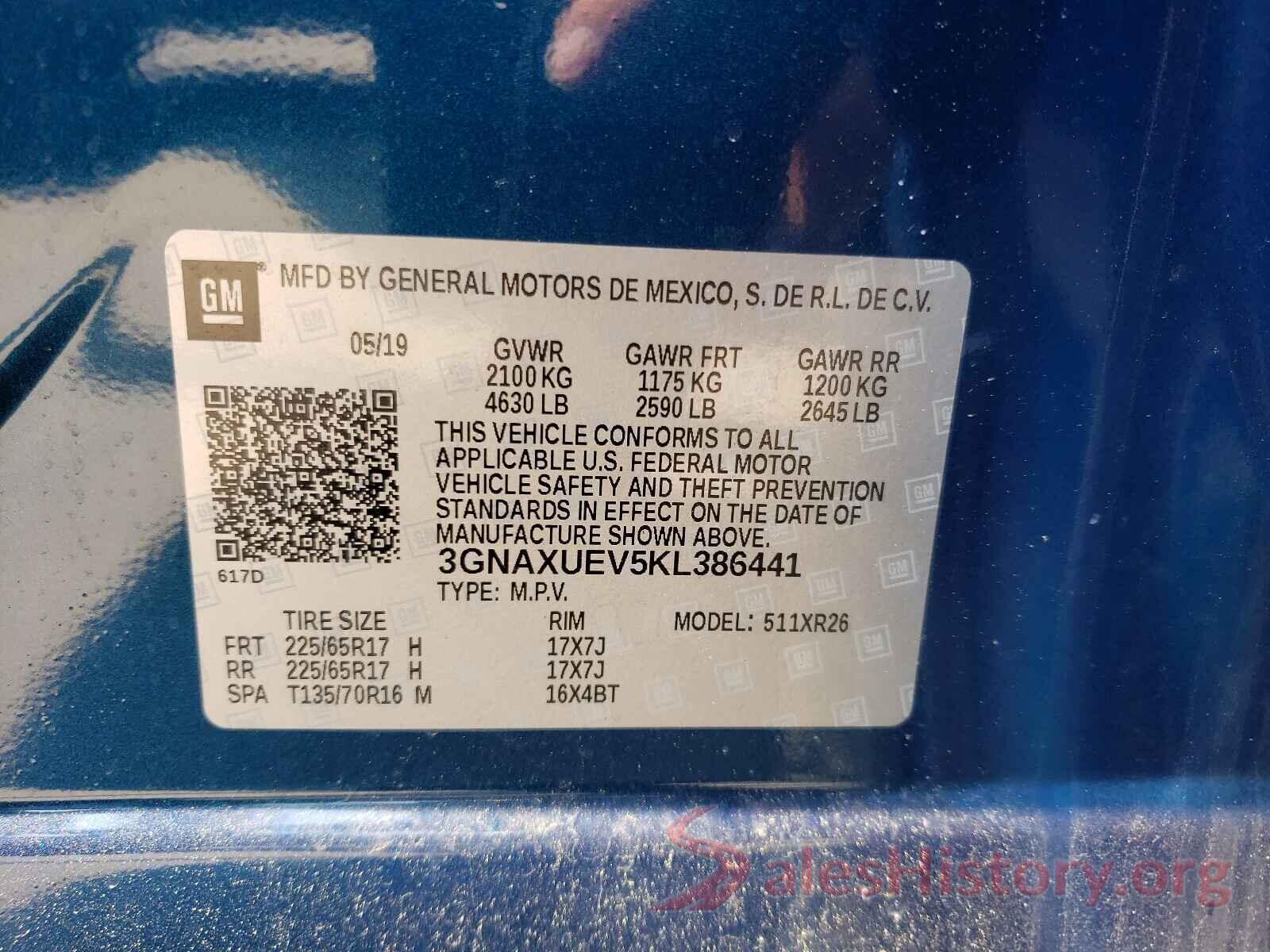 3GNAXUEV5KL386441 2019 CHEVROLET EQUINOX