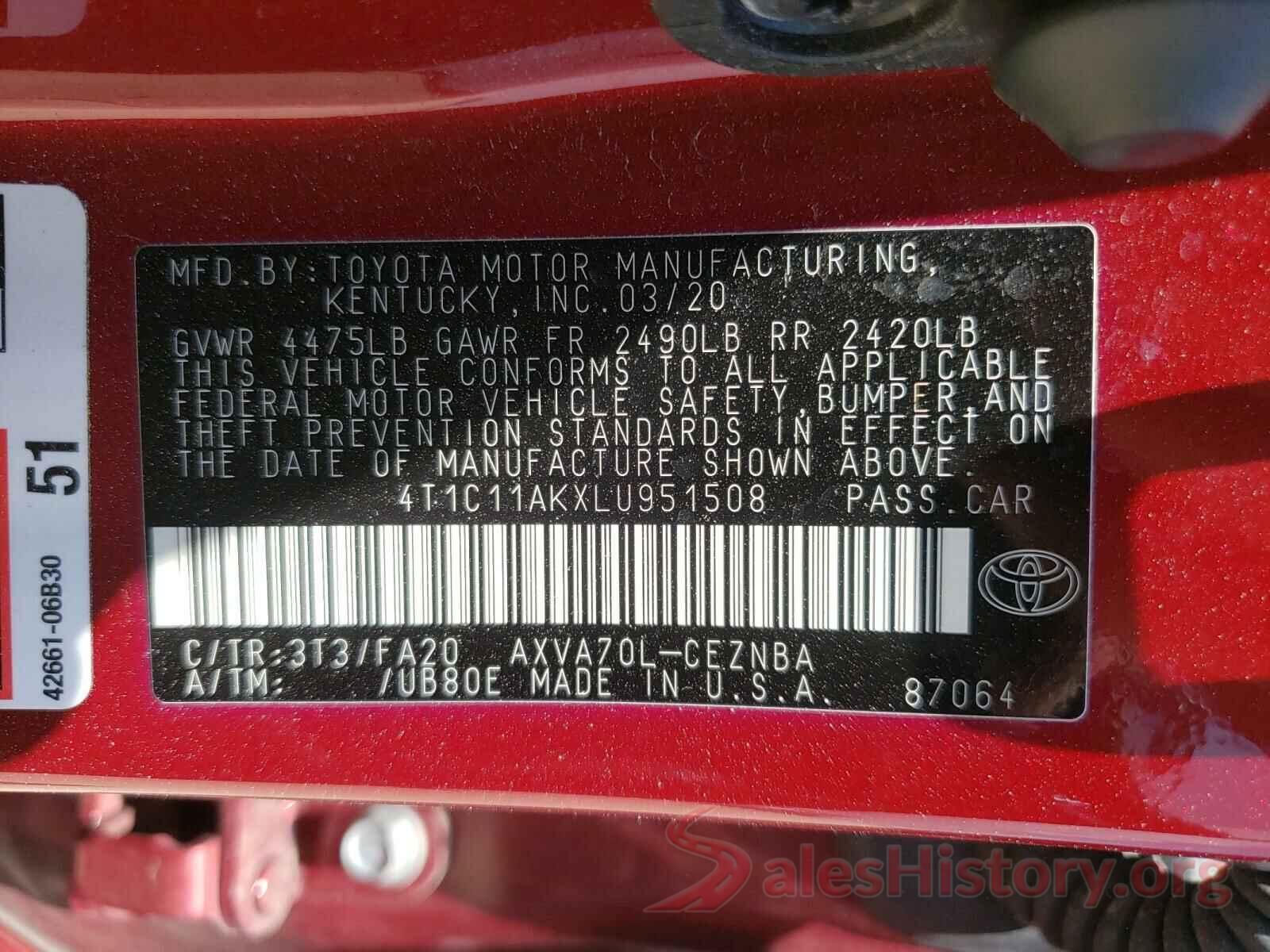 4T1C11AKXLU951508 2020 TOYOTA CAMRY