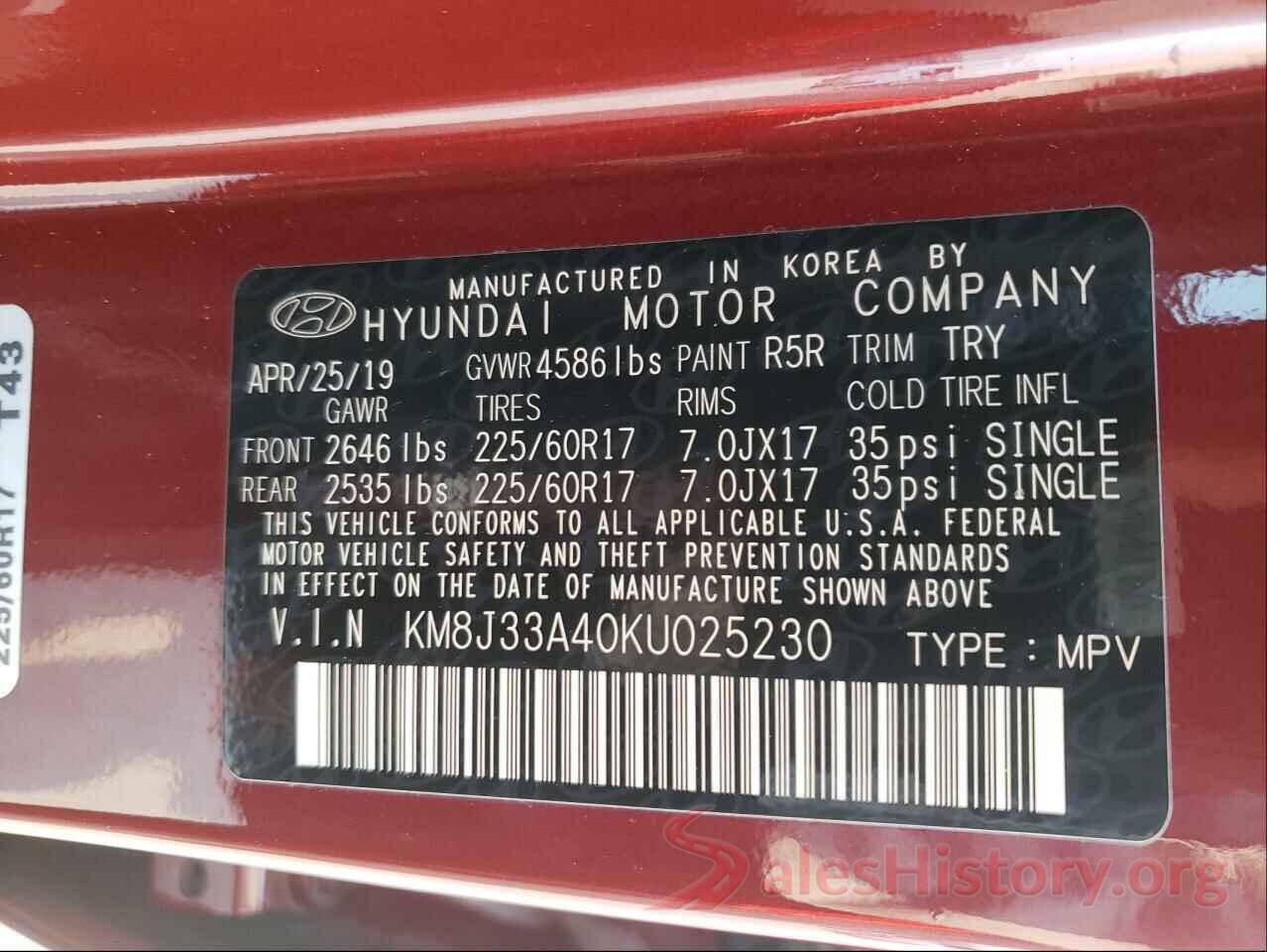 KM8J33A40KU025230 2019 HYUNDAI TUCSON