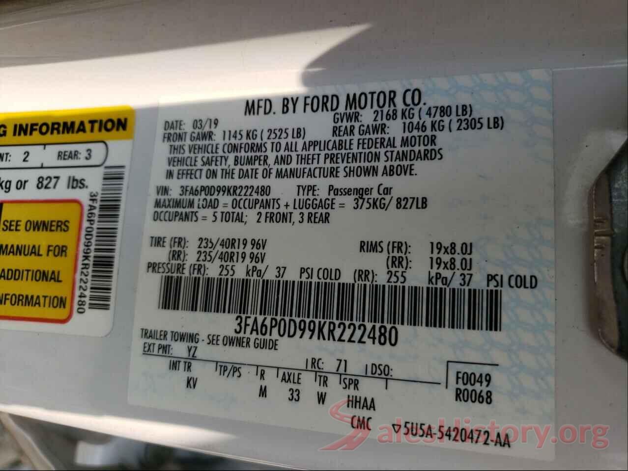 3FA6P0D99KR222480 2019 FORD FUSION