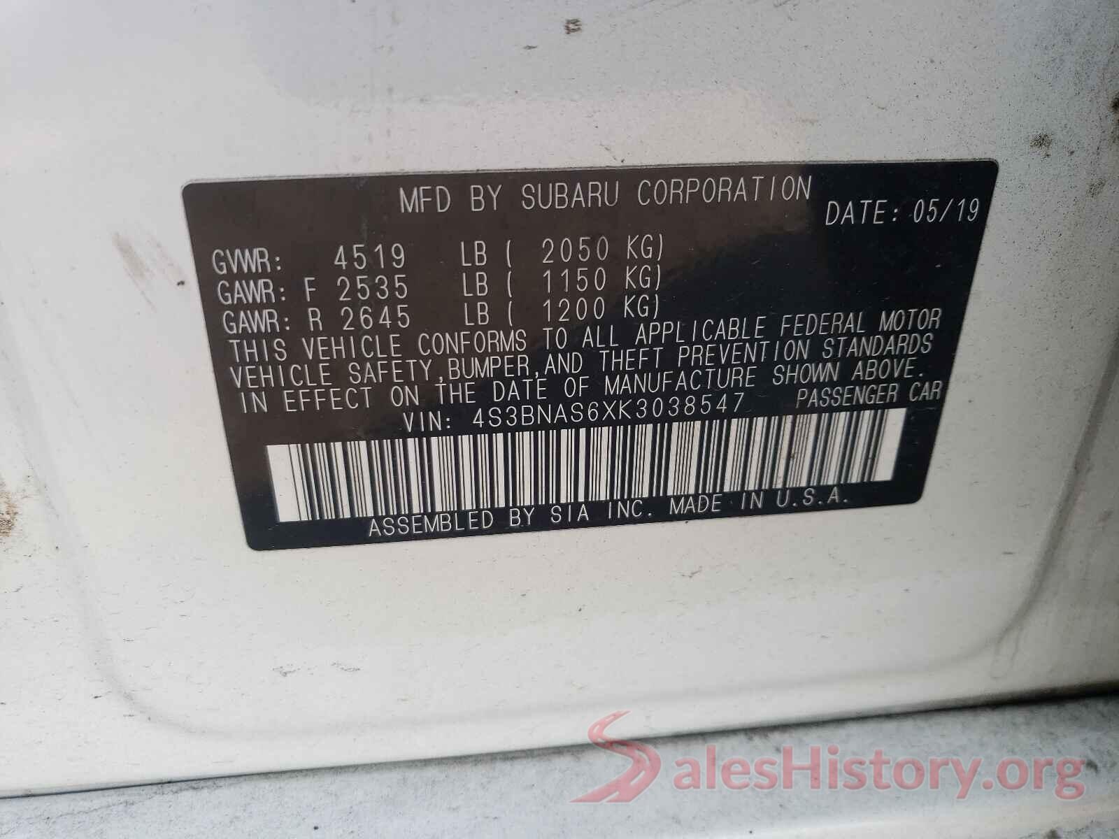 4S3BNAS6XK3038547 2019 SUBARU LEGACY