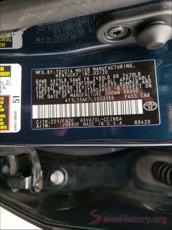 4T1L11AK7LU953166 2020 TOYOTA CAMRY