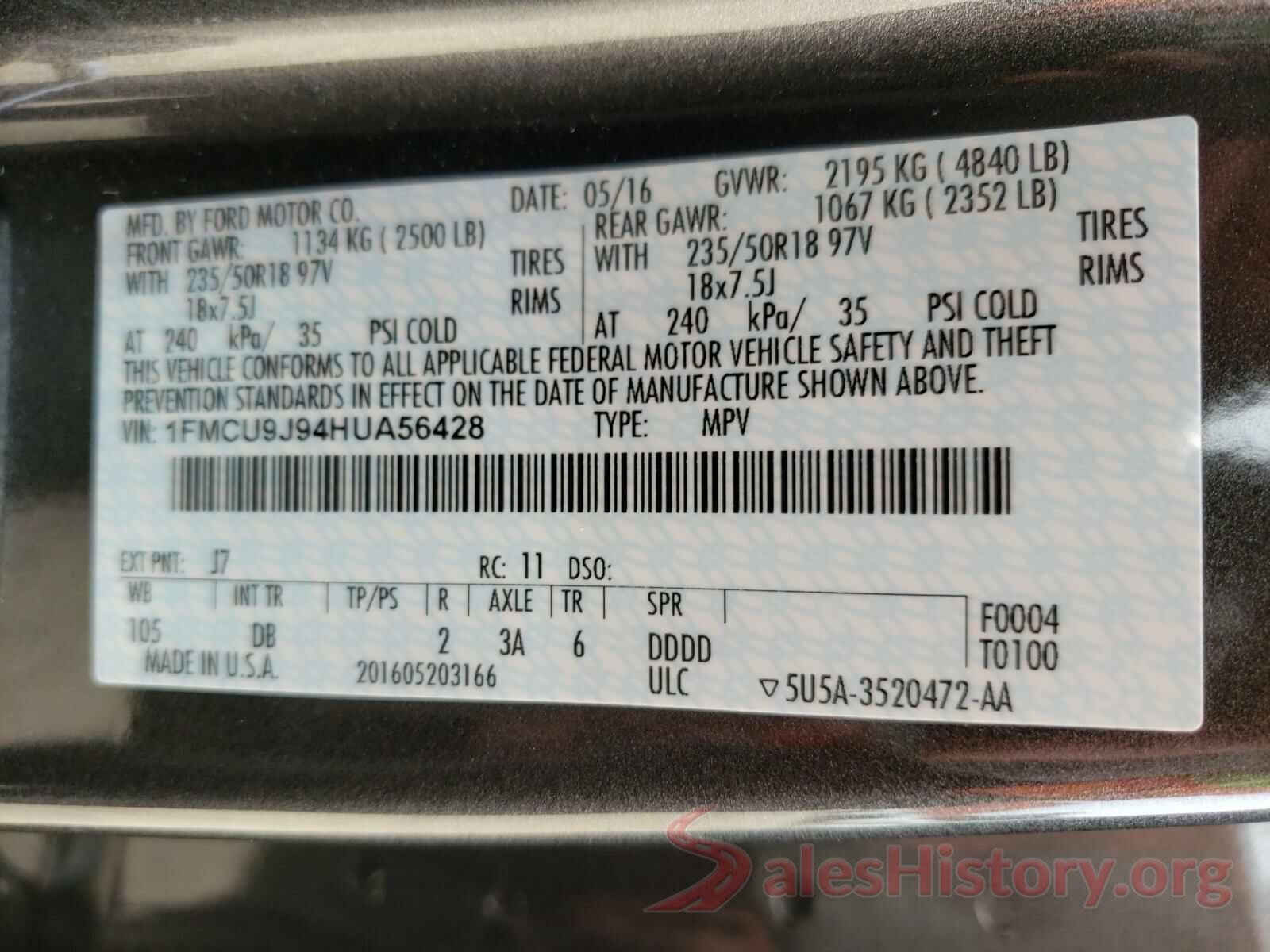 1FMCU9J94HUA56428 2017 FORD ESCAPE