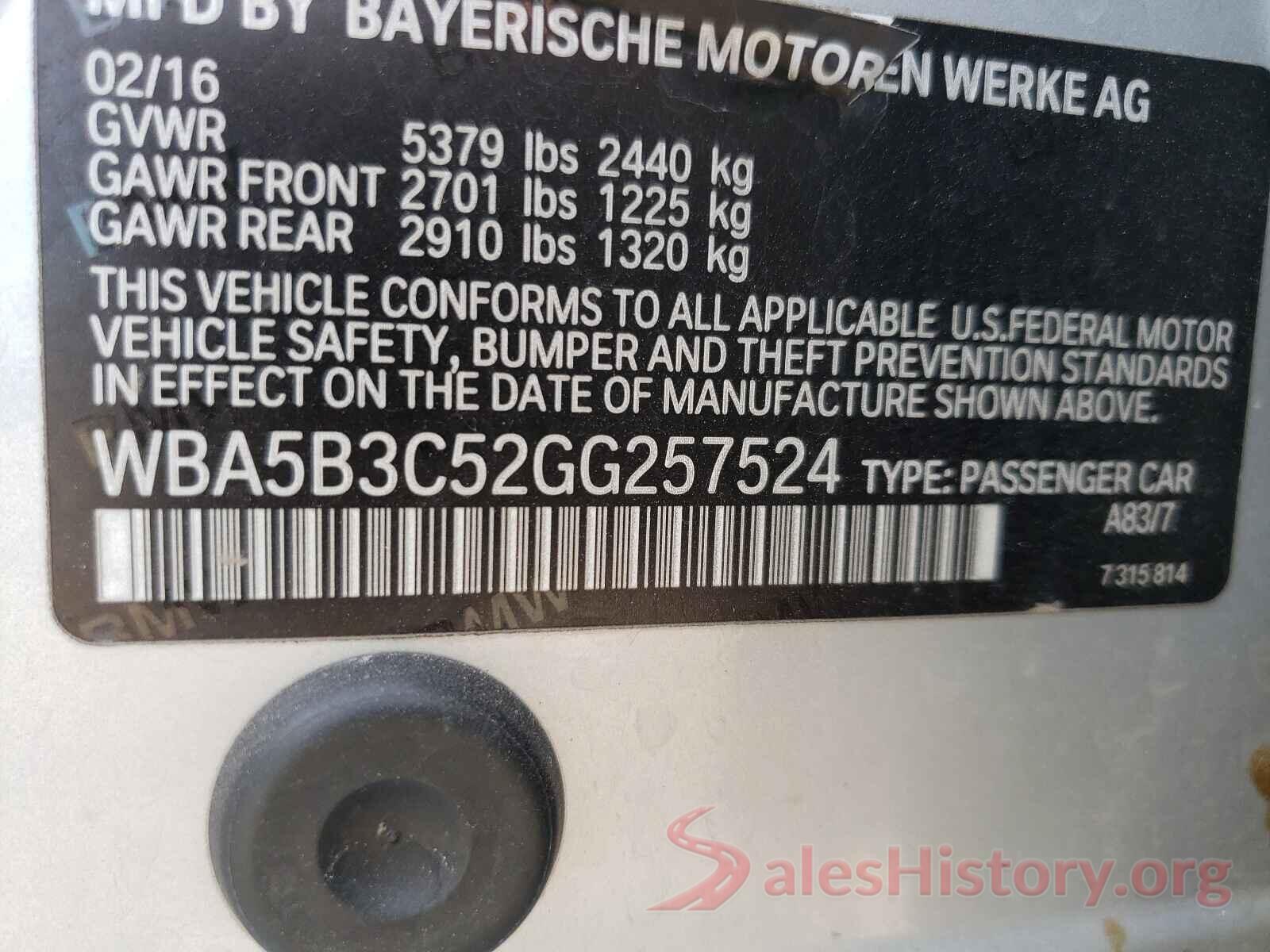 WBA5B3C52GG257524 2016 BMW 5 SERIES