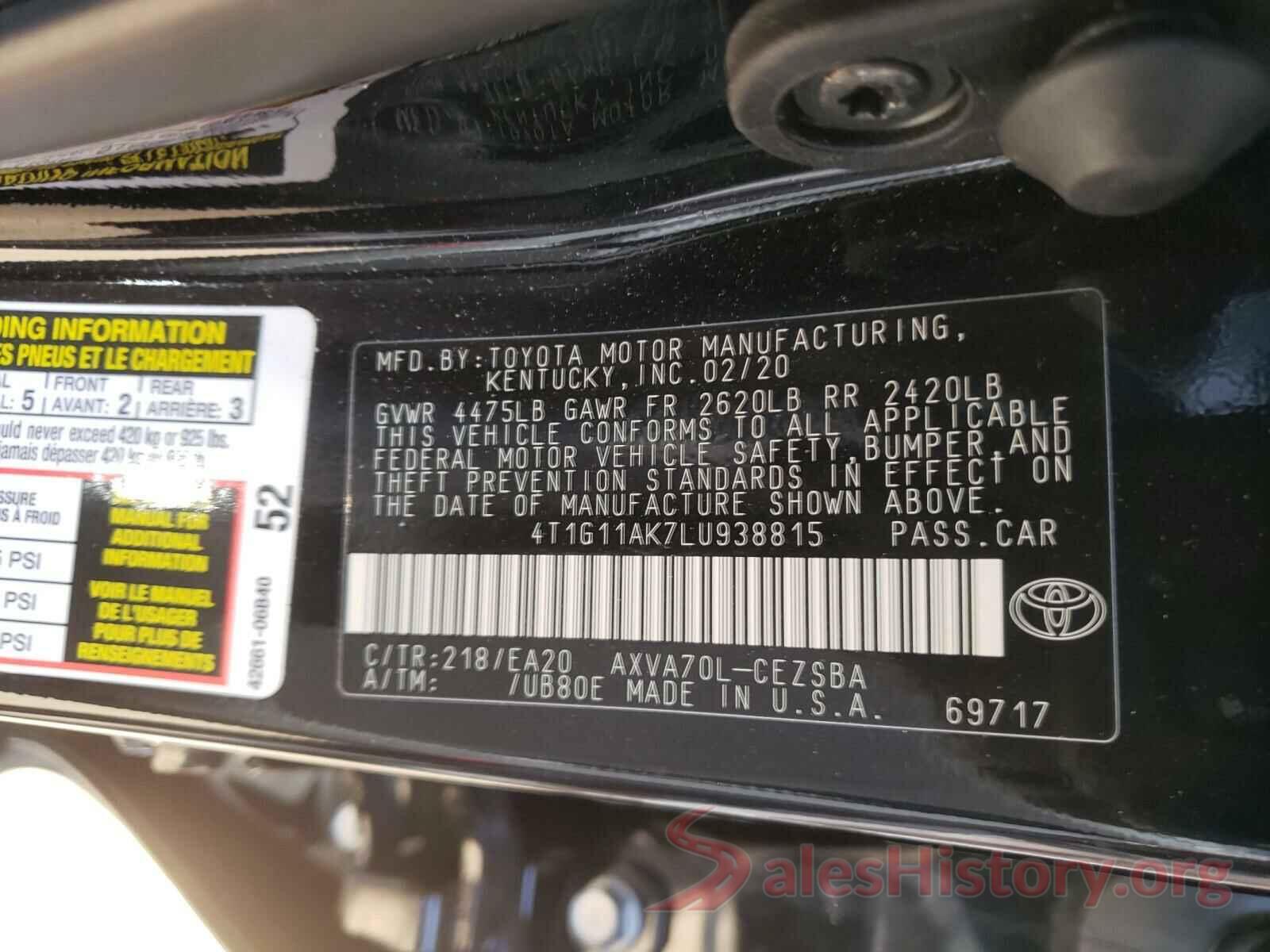 4T1G11AK7LU938815 2020 TOYOTA CAMRY