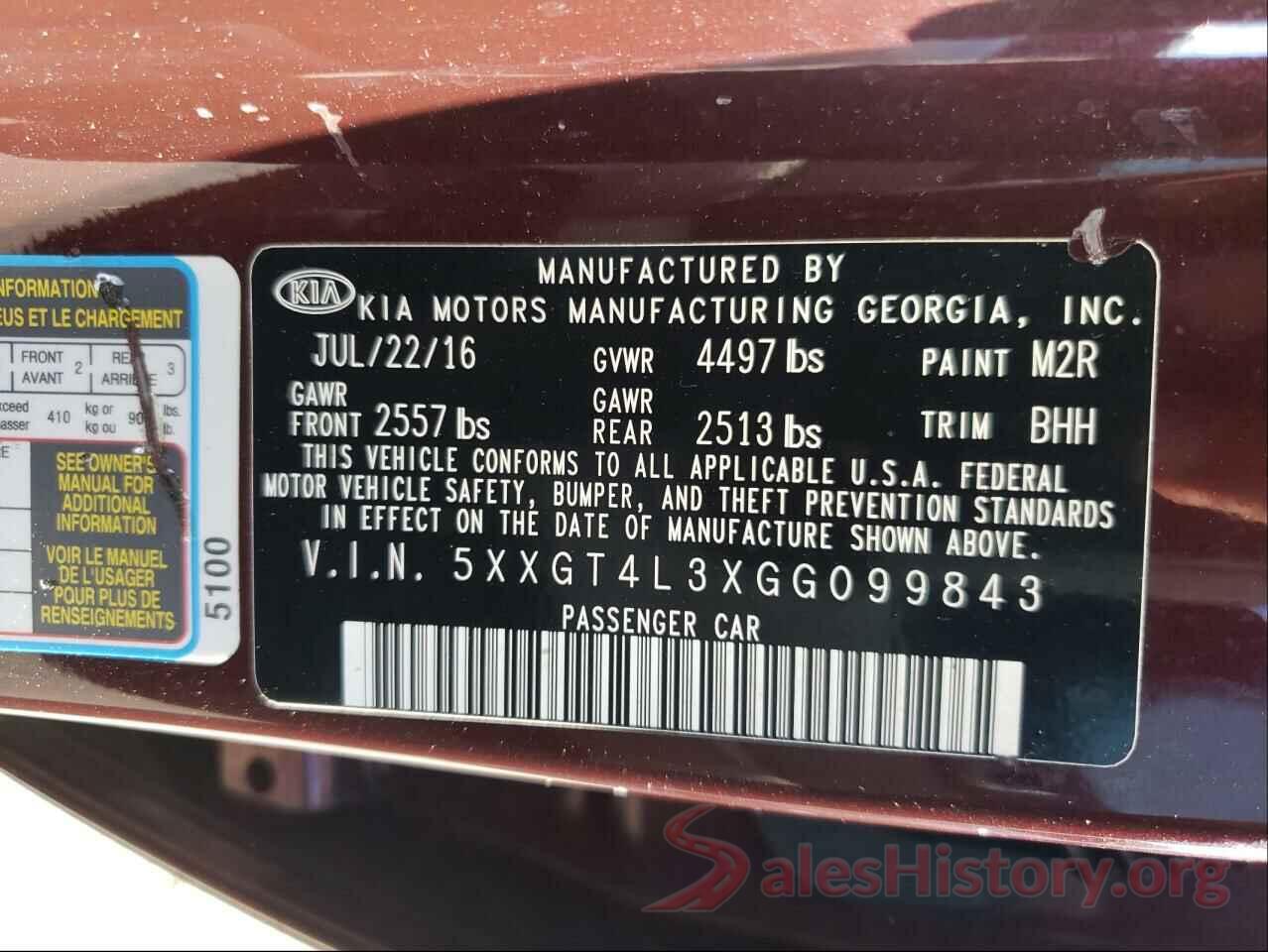 5XXGT4L3XGG099843 2016 KIA OPTIMA