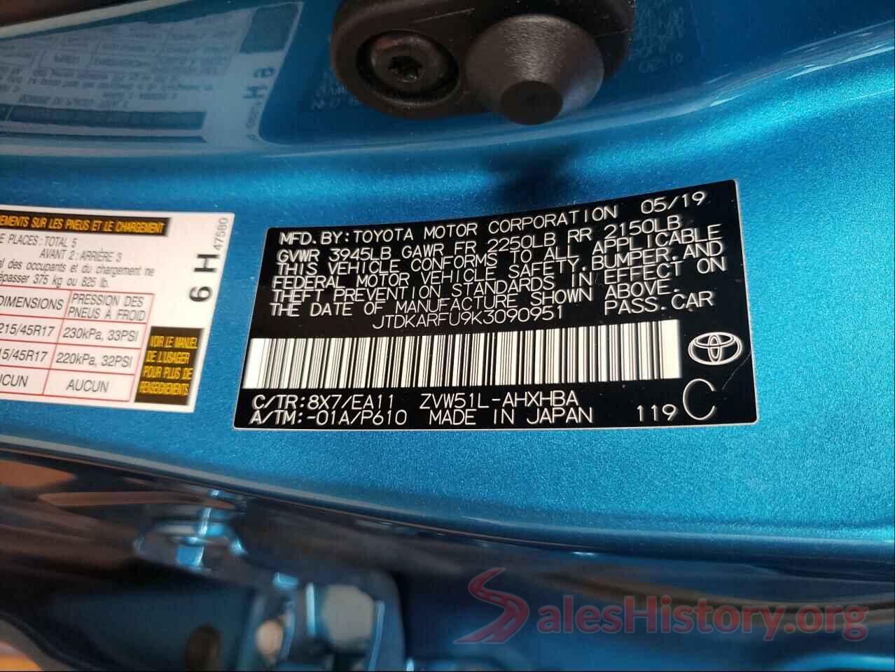 JTDKARFU9K3090951 2019 TOYOTA PRIUS