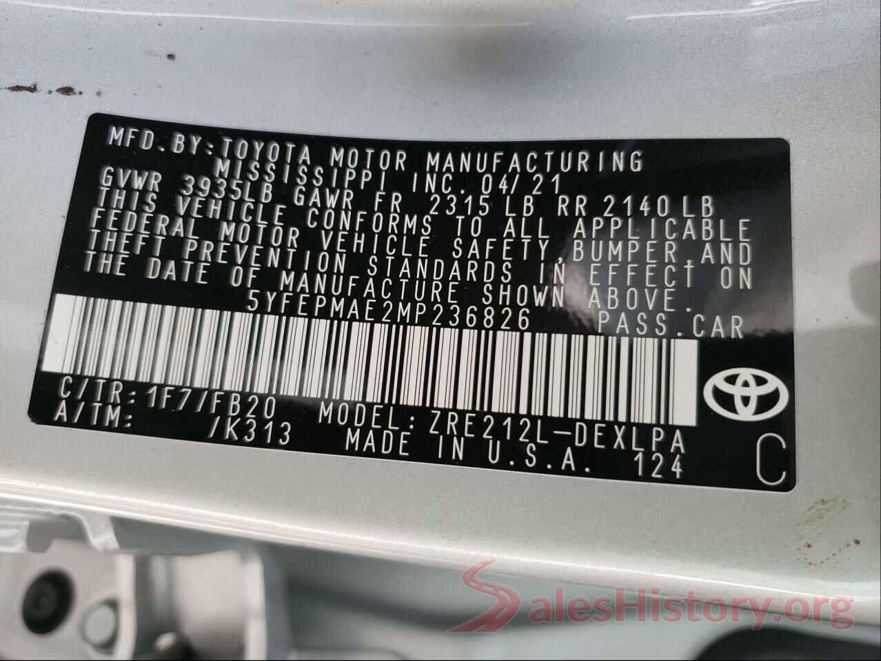 5YFEPMAE2MP236826 2021 TOYOTA COROLLA