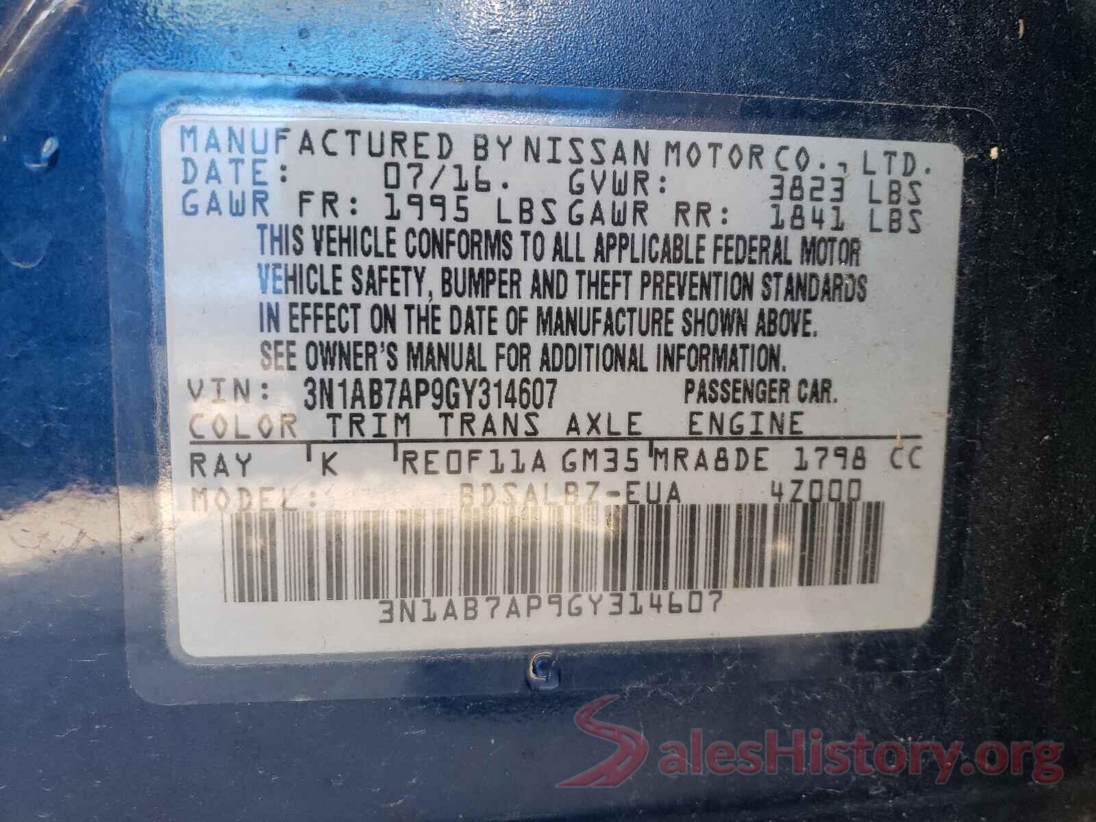 3N1AB7AP9GY314607 2016 NISSAN SENTRA