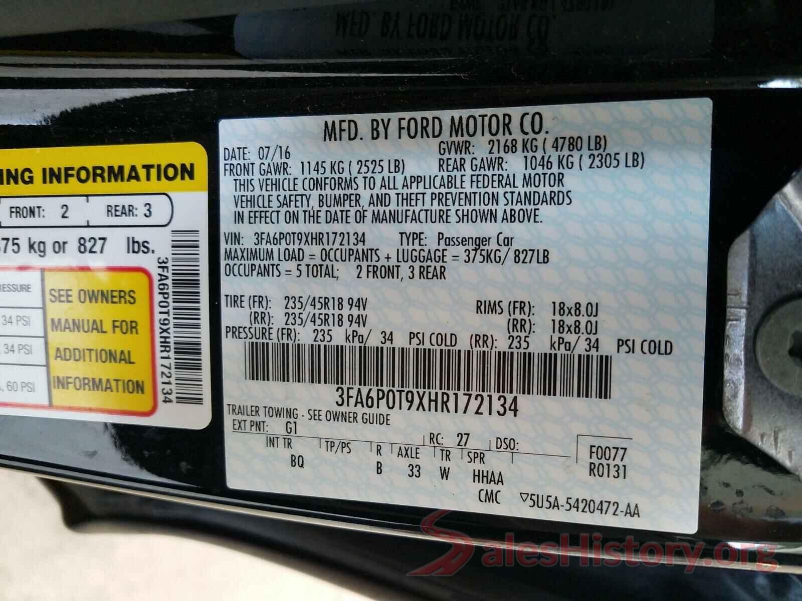 3FA6P0T9XHR172134 2017 FORD FUSION