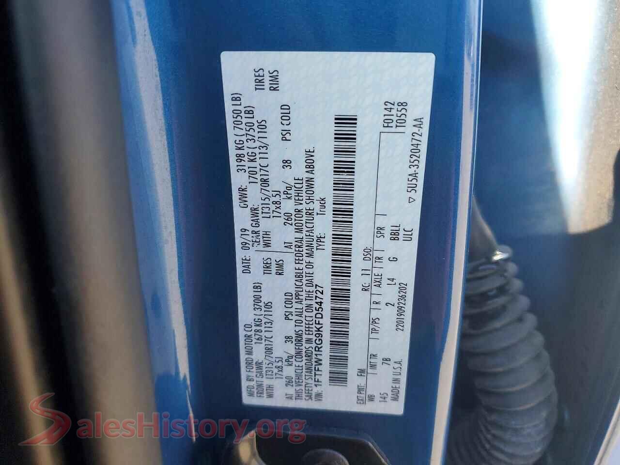 2019 FORD F150 VIN 1FTFW1RG9KFD54727, trunk area