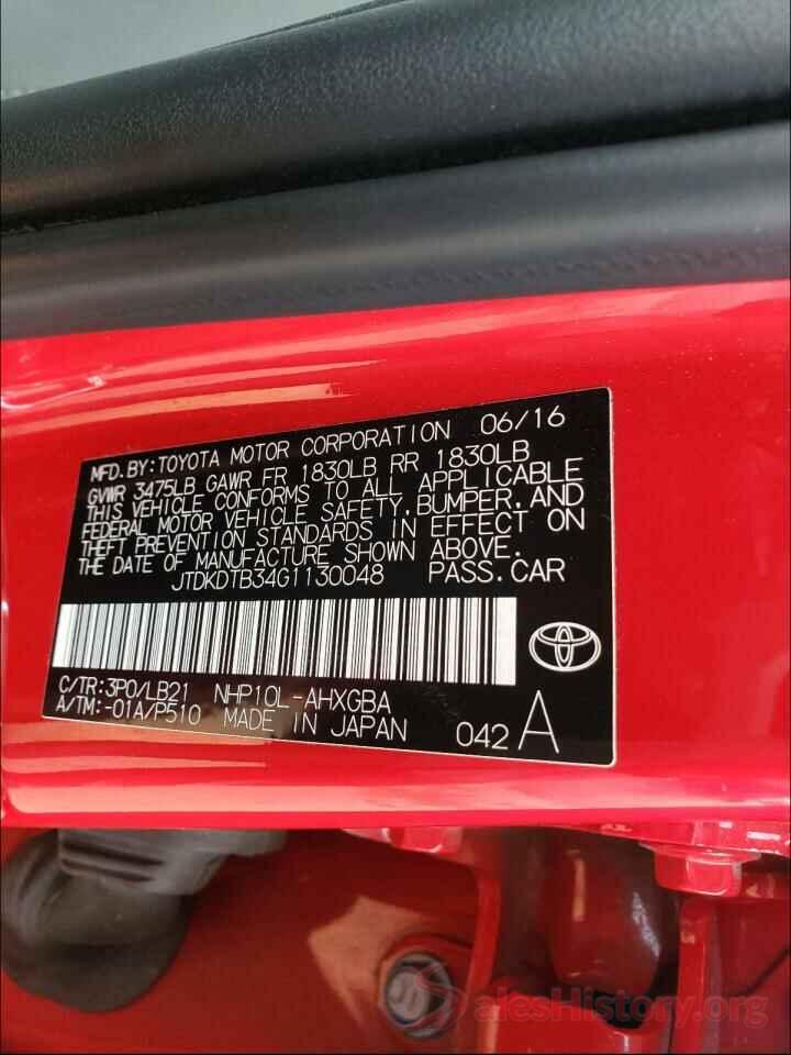 JTDKDTB34G1130048 2016 TOYOTA PRIUS