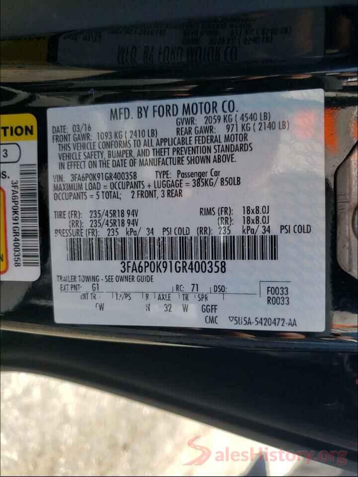 3FA6P0K91GR400358 2016 FORD FUSION