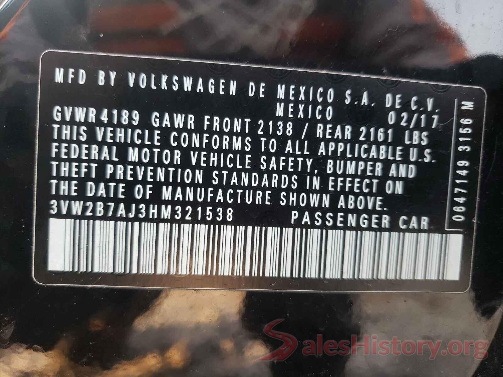 3VW2B7AJ3HM321538 2017 VOLKSWAGEN JETTA