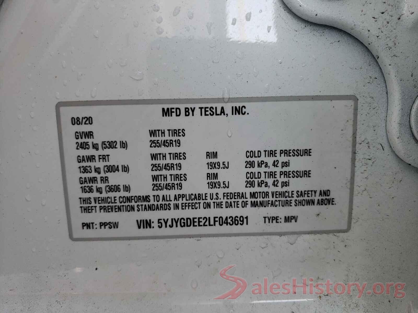 5YJYGDEE2LF043691 2020 TESLA MODEL Y