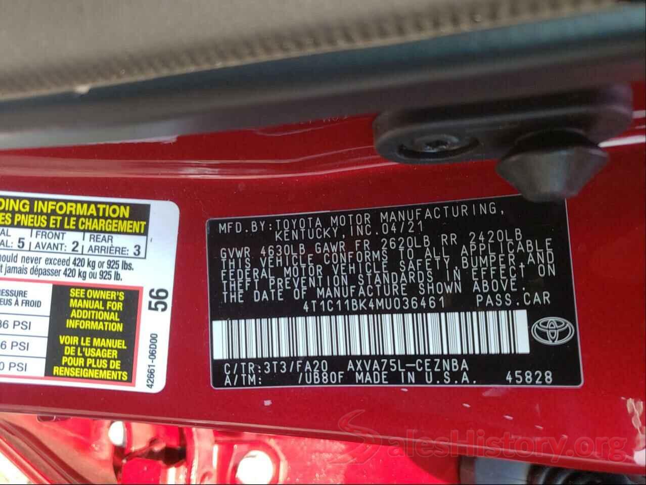 4T1C11BK4MU036461 2021 TOYOTA CAMRY