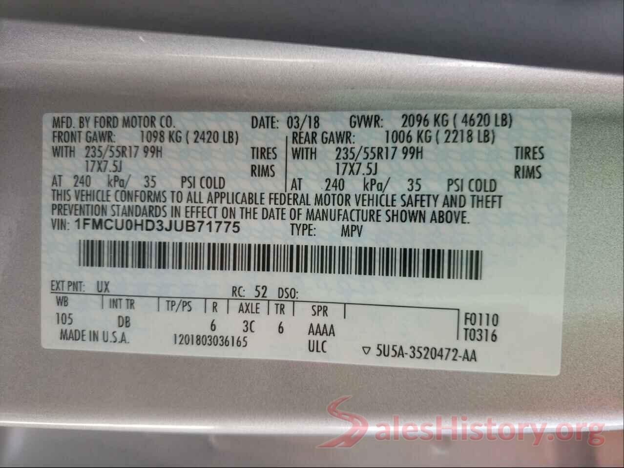 1FMCU0HD3JUB71775 2018 FORD ESCAPE