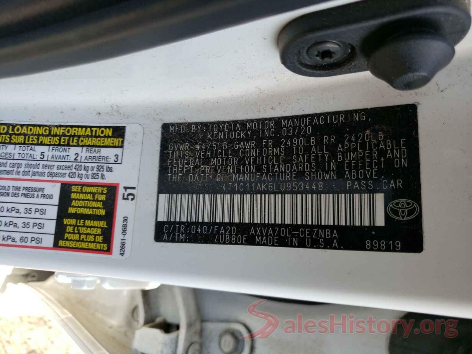 4T1C11AK6LU953448 2020 TOYOTA CAMRY